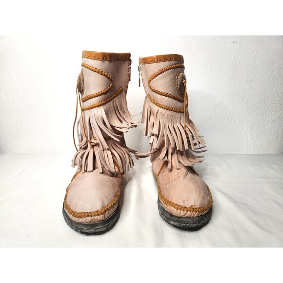 Light Pink Leather Boots & Fur Moccasins Fringes Navajo Southwestern Native 10 - Picture 6 of 10